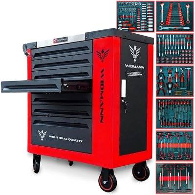 Servante d'atelier Widmann Tools Cabinet Max edition PRO TCM7-7- RED Glossy Noir MAT, roulettes 7 tiroirs 260 outils, 1 placard - JM-AG-WIDMANN-TCM7-7-RED - 6095822559595