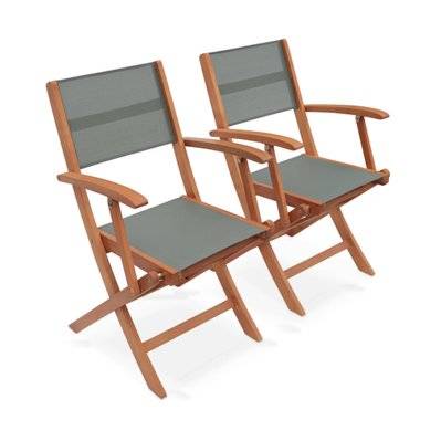 Fauteuils de jardin en bois et textilène - Almeria kaki - 2 fauteuils pliants en bois d'Eucalyptus  huilé et textilène - 3760388443475 - 3760388443475