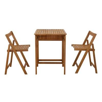 Set de 2 chaises pliantes et 1 table de balcon rabattable avec rangement en bois massif PRADO - - 55600 - 3662275140521