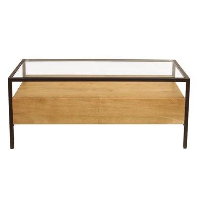 Table basse rectangulaire avec rangements en bois manguier massif, verre et métal noir L100 cm SITA - - 55657 - 3662275140927