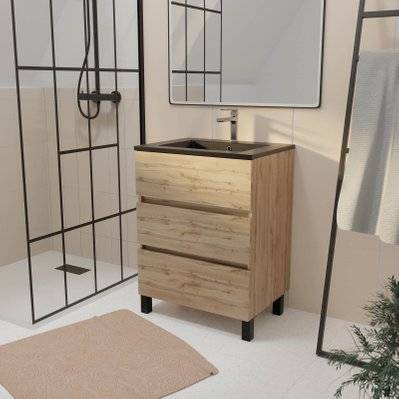Meuble de salle de bains 60 cm 3 Tiroirs Chêne Naturel + Vasque Céramique Noire - TIMBER - PACM706 - 3700710271291
