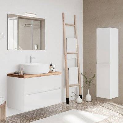 CITY Meuble salle de bain Blanc avec plan à poser chêne naturel L. 80 cm + miroir + colonne - 290#IZI#5017 - 3701041651783