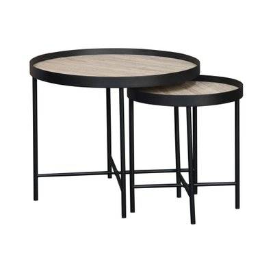 Set de 2 tables gigognes rondes pratiques en MDF effet bois de chêne avec pieds noirs - 3760388447480 - 3760388447480