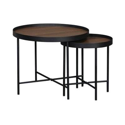 Set de 2 tables gigognes rondes pratiques en MDF effet bois de noyer avec pieds noirs - 3760388447473 - 3760388447473