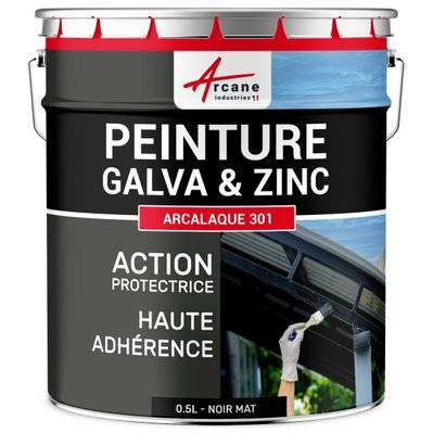 Peinture galva zinc toiture gouttière : Arcalaque 301.-0.5 L Noir Mat - RAL 9005 - 1183_32444 - 3700043432208