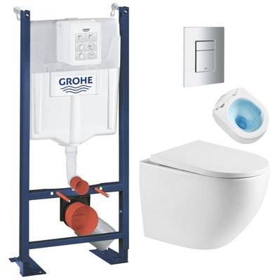 Grohe Pack WC Bâti autoportant + WC sans bride Tornado Quiet SAT Fusion + Abattant softclose + Plaque Chrome - 0734077018636 - 0734077018636