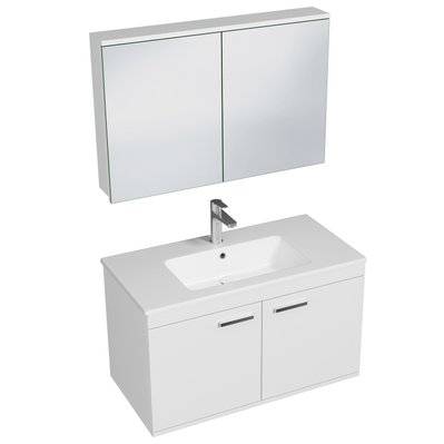 RUBITE Meuble salle de bain simple vasque 2 portes blanc largeur 90 cm + miroir armoire - 280#IZI#4827 - 3701041648912