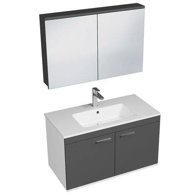RUBITE Meuble salle de bain simple vasque 2 portes gris anthracite largeur 90 cm + miroir armoire - 280#IZI#4857 - 3701041648615